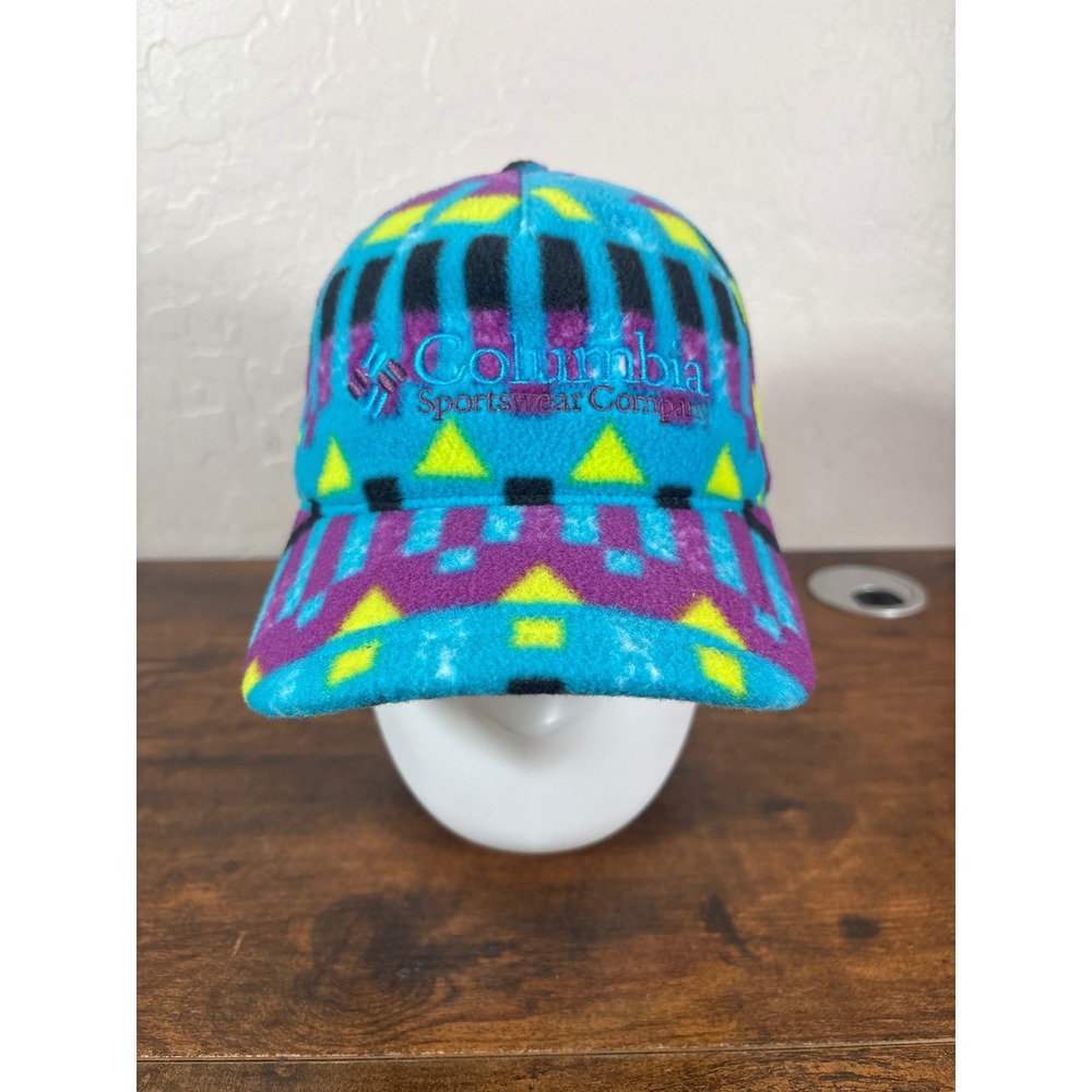 Columbia Sportswear Fleece Flexfit Hat Geometric Tribal Teal Purple Neon S/M